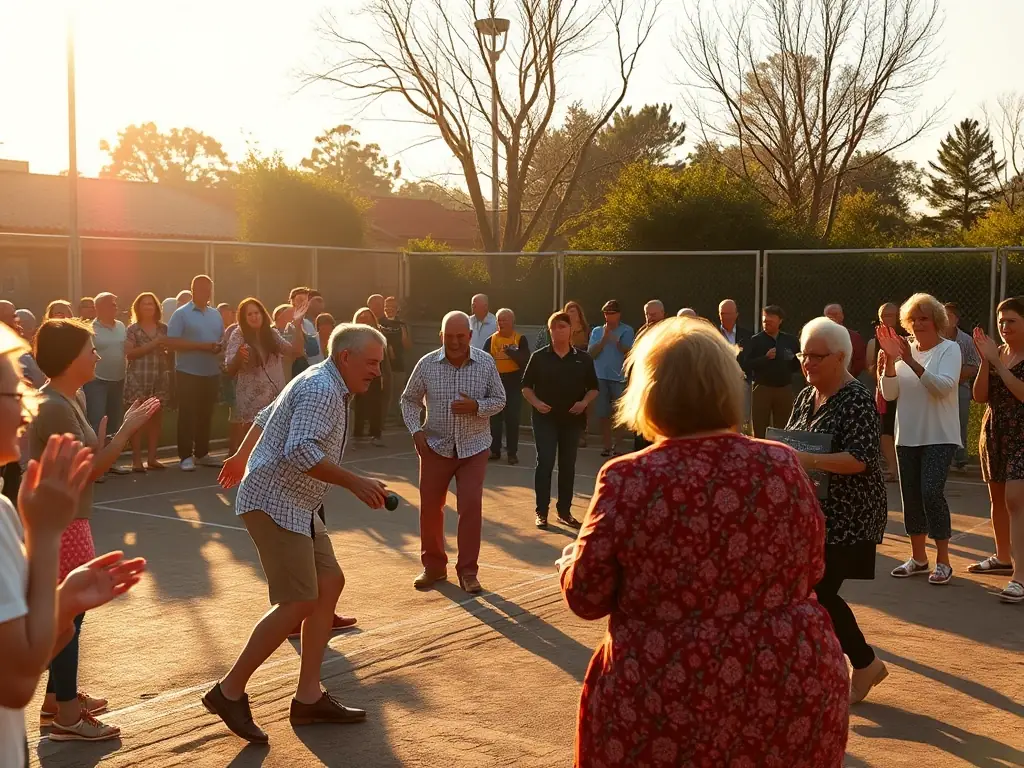 A group of players engaged in a friendly game of boules lyonnaise on a sunny outdoor court, showcasing the club's core activity.