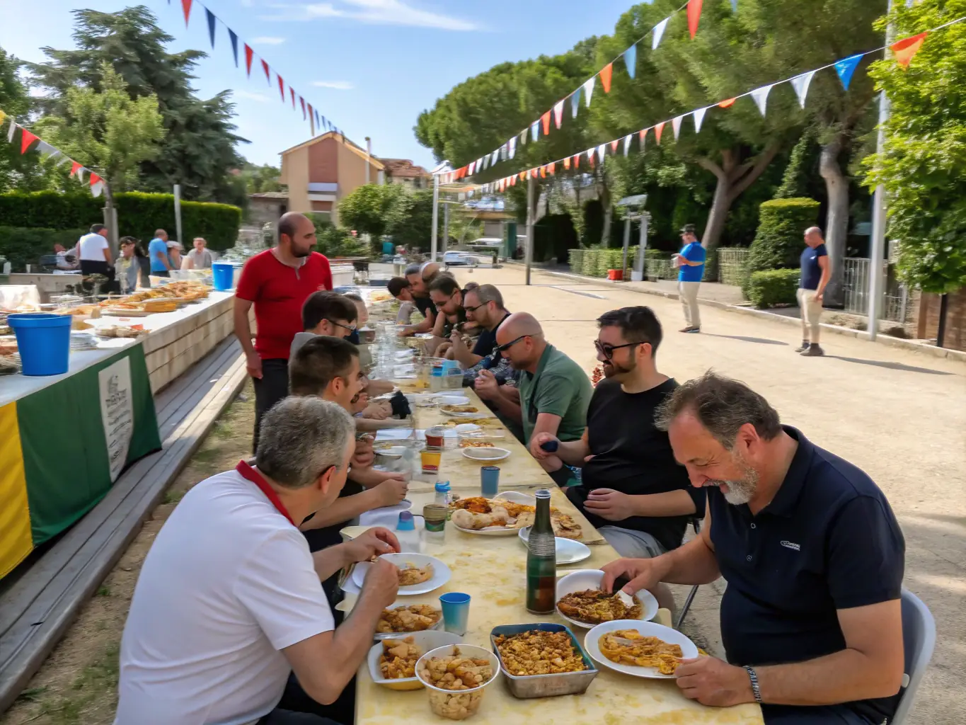 A group of club members laughing and socializing after a boules lyonnaise match, showcasing the friendly and welcoming atmosphere of the club.